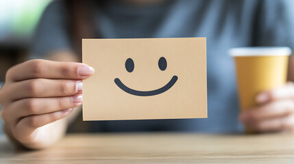 Person holding up a card with a smile emoticon and a beverage.  A symbol of positivity. Showing a reminder to be happy and enjoy the moment.