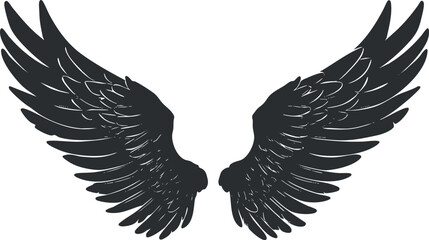Obraz premium Black silhouette of angel wings illustration, featuring detailed feathers and spread design.