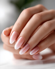 Fototapeta premium A woman's hand with a manicured nail and a white and pink polish