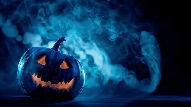 Spooky glowing pumpkin in dark fog for Halloween background video