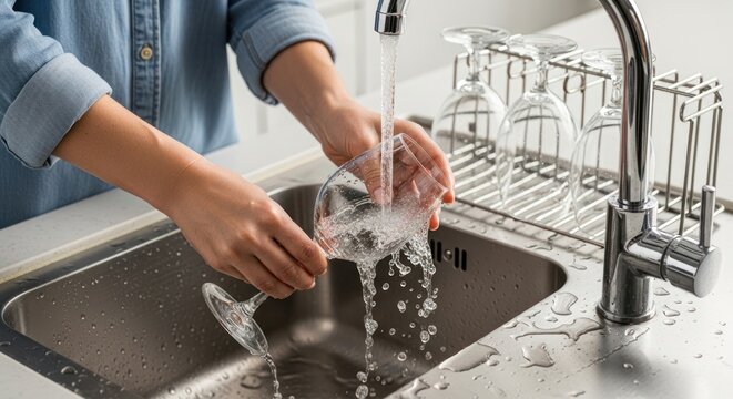 A person washes a wine glass under running water in a stainless steel kitchen sink.