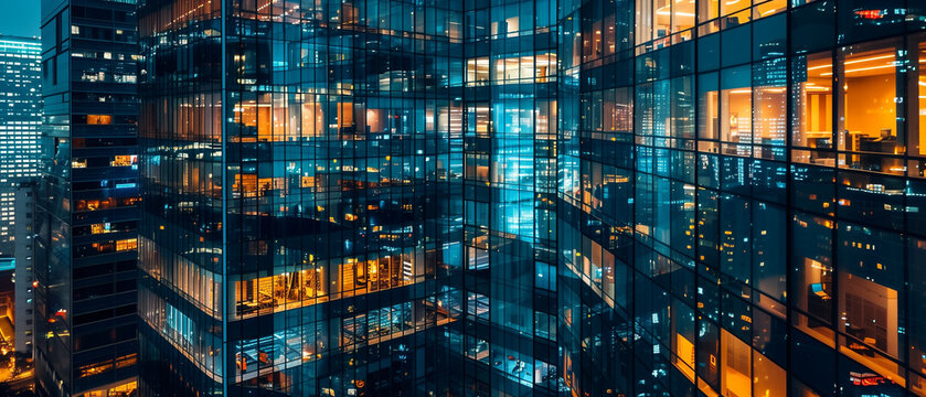 Ciudad por la noche reflejada en los edificios de cristal