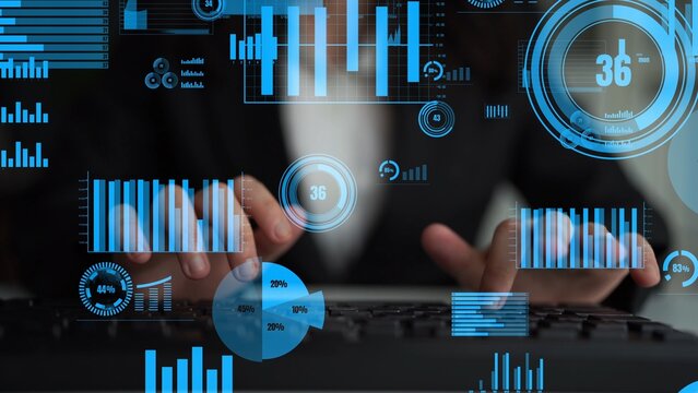 A professional typing on a keyboard with vibrant data visualizations in the foreground, representing business analytics and statistical insights in a modern work environment. Xenic - Powered by Adobe