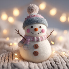 Smiling hand-crafted snowman with Christmas lights