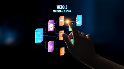 The Web 3.0 decentralization technology ecosystem. A flowchart of interconnected concepts like AI, blockchain, security, and decentralized finance. Motif