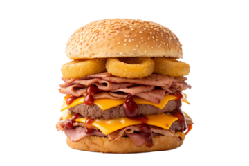 Delicious double cheeseburger with crispy onion rings and dripping cheese, a perfect fast-food treat isolated on white for ultimate appetite appeal