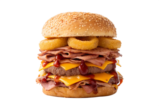 Delicious double cheeseburger with crispy onion rings and dripping cheese, a perfect fast-food treat isolated on white for ultimate appetite appeal