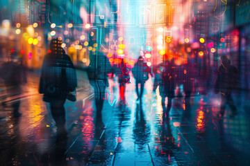 Ciudad nocturna con gente caminando