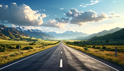 A long, straight road leads through a lush green valley toward distant mountains under a bright, cloudy blue sky