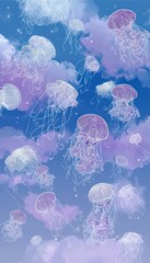 Delicate jellyfish silhouettes float amidst soft, pastel clouds against a serene blue backdrop.