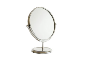 Close up of a round vanity mirror with a silver frame on a transparent background