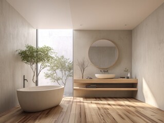 Fototapeta premium A bathroom with a large mirror and a white sink