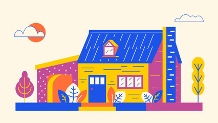 A bright and cozy colorful cottage surrounded by a picturesque landscape. Its cheerful hues evoke warmth and joy, making it perfect for inspiring stories and creating a inviting atmosphere of home 