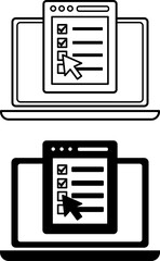 Online Survey Icons. Black and White Vector Illustrations. Laptop and Questionnaire. Collecting Community Opinion on Various Issues Online. Feedback Concept
