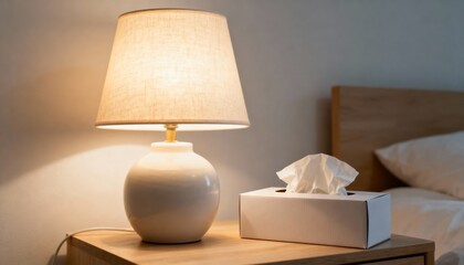 empty tissue box by lamp on nightstand, soft warm light, quiet intimate bedside vignette