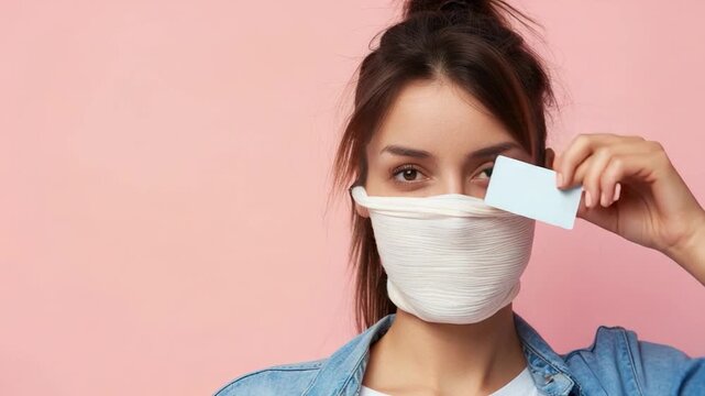 A person wearing a face mask with a card in front of their face