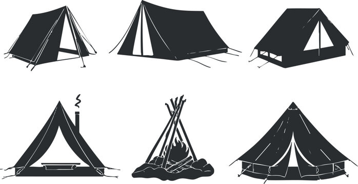 Fototapeta Silhouette illustration of various camping tents and a campfire, ideal for outdoor adventure themes.