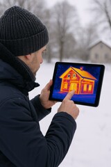 man using tablet with thermal camera to check house insulation in winter