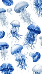 A seamless pattern of detailed illustrations of various jellyfish, rendered in shades of blue and white, against a pure white background.