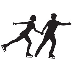 Romantic Ice Skating Couple Silhouette: Black and White Vector Illustration of Partners Holding Hands