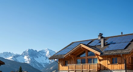 Luxury Alpine Chalet with Solar Panels against Mountain Backdrop Clear Sky