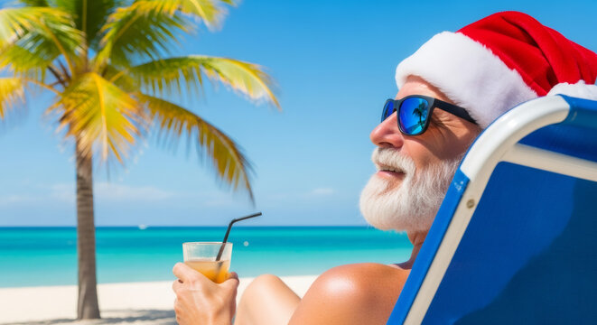 Santa Claus relaxing on a tropical beach chair, wearing sunglasses and a festive red hat, enjoying a colorful cocktail with palm trees and ocean in the background, perfect for holiday vibes.