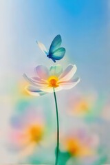 Naklejka premium Una delicada flor blanca con una mariposa azul posada sobre ella, capturada en un estilo de fotografía suave y onírico.