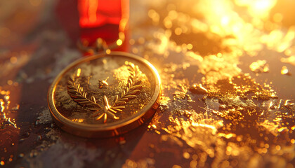 Golden Glory: A close-up shot of a gold medal, emblem of honor, resting on a textured, sparkling surface, bathed in warm light, representing achievement, excellence, and reward.