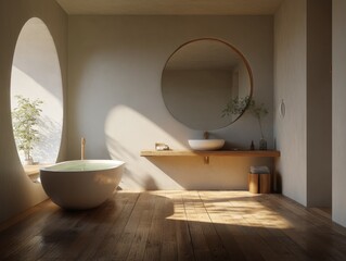 Fototapeta premium A bathroom with a large mirror and a white bathtub