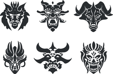 Obraz premium Collection of six black tribal masks with mythical and fierce designs for tattoo inspiration.