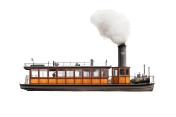 Side view of a steamboat with smoke coming from the smokestack on transparent background
