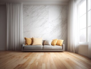 Fototapeta premium A living room with a white wall and a white couch