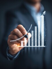 Una mano estilizada dibuja un gráfico ascendente sobre un fondo oscuro y futurista.