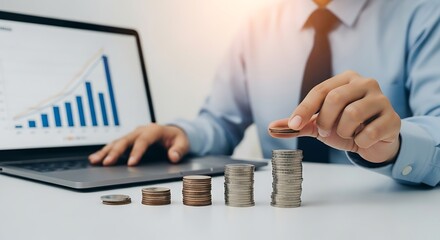 Financial Growth Analysis - Stacking Coins with Laptop Chart.