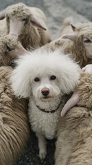 Un adorable caniche blanco se encuentra rodeado de un reba&ntilde;o de ovejas en un paisaje rural.