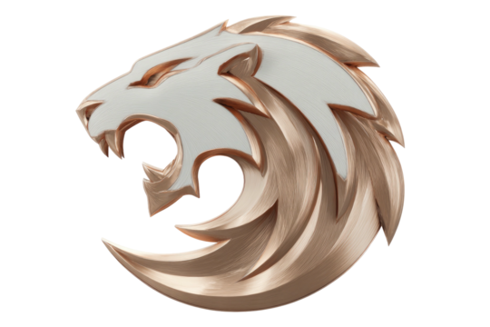 Stylized lion's head in white and gold, roaring