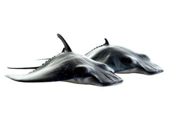 Two manta rays swimming closely together in the ocean against a dark background