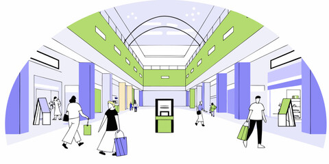 Contemporary Shopping Retail Environment with Glass Roof Skylight and Shoppers Commerce Retail Space Modern Commercial Area Consumer Activity Browsing Retail Destination