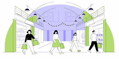 Indoor Shopping Environment Storefronts Aisle Consumers Browsing Retail Commercial Activity Vector Illustration Flat Design Graphic Shopping Center Indoor Space
