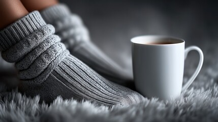 Cozy scene with warm knitted socks and a ceramic mug