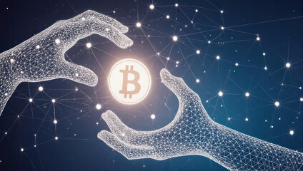 Abstract digital depiction of wireframe hands reaching for a glowing coin icon