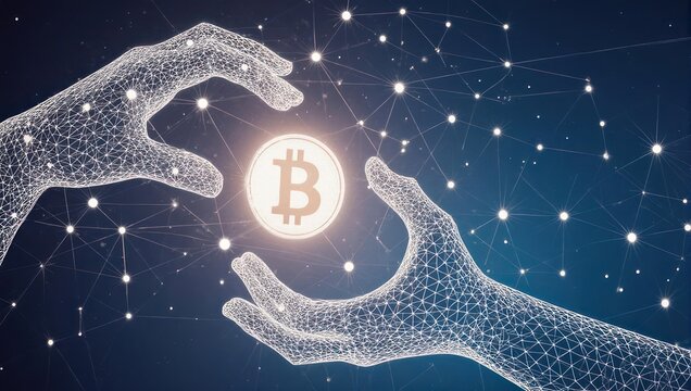 Abstract digital depiction of wireframe hands reaching for a glowing coin icon