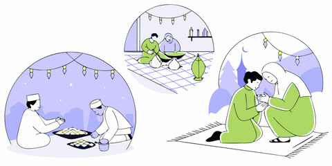 Joyful Eid al-Fitr Moments: Family Celebrations with Traditional Greetings, Delicious Food, and Festive Gatherings in a Minimalist Vector Style