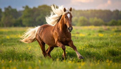 Obraz premium A majestic horse with a flowing blonde mane charges across a grassy meadow dotted with yellow wildflowers. The sun shines brightly in the background