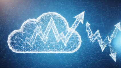 Abstract digital illustration of a cloud with a graph and rising arrows, on blue background