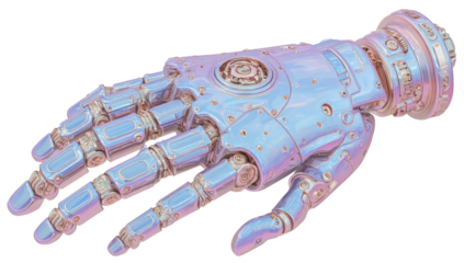Metallic robotic hand with intricate details and a pearlescent sheen