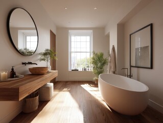 Fototapeta premium A bathroom with a large white bathtub and a mirror