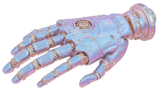 Metallic robotic hand with intricate details and a pearlescent sheen