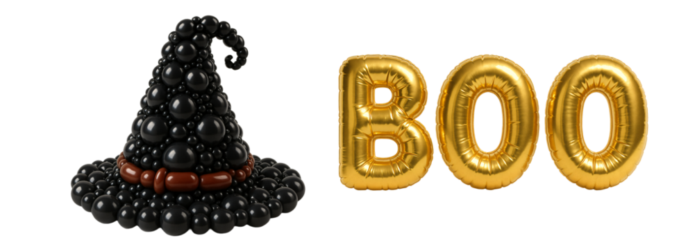 Halloween set of balloons on a transparent background. Black witch hat with “BOO” balloons on white background. Halloween. Style. Celebration.