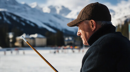 Elderly man in a cap with a cane observes a snowy scene against a mountain backdrop. He has a thoughtful expression and a contemplative pose.